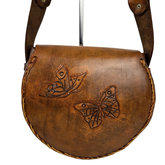Vintage Floral Butterfly Tooled Thick Leather Braided Shoulder Bag Brown Hippie - Picture 4 of 16
